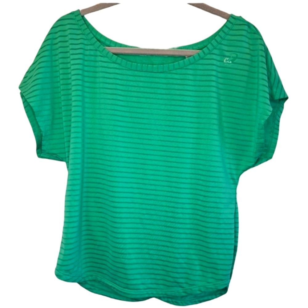 Asics Green Sheer Striped Open Back Workout Athletic Top